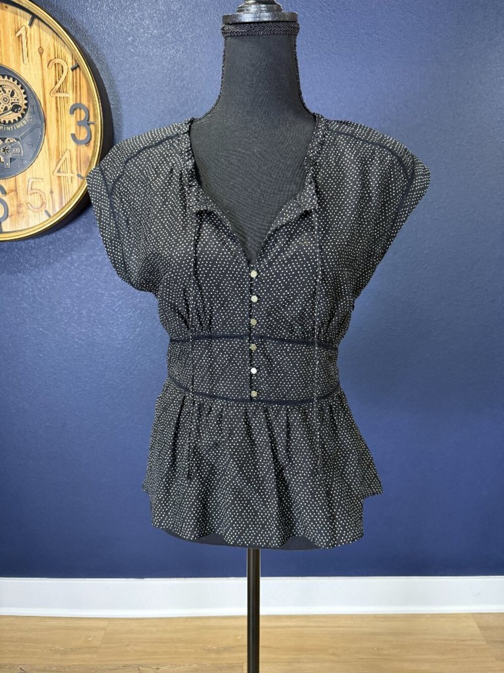 HD in Paris Anthropologie Black White Polka Dot Silk Cotton Peplum Blouse | 2